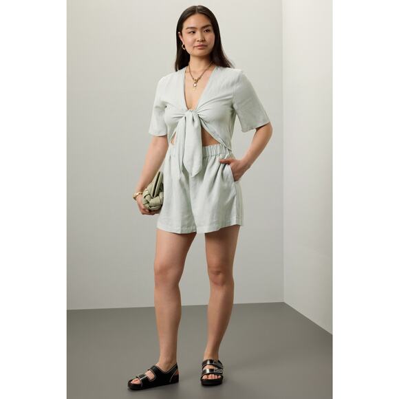 THAKOON x RTR Mint Tie Waist Linen Blend Plunge Neck Romper Size 2 - Picture 2 of 9